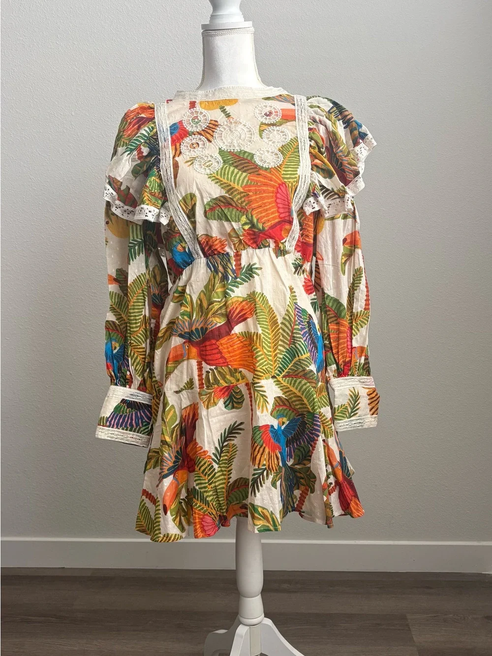FARM Rio Cream Mini Dress with Tropical Parrot Print - Picture 2 of 7